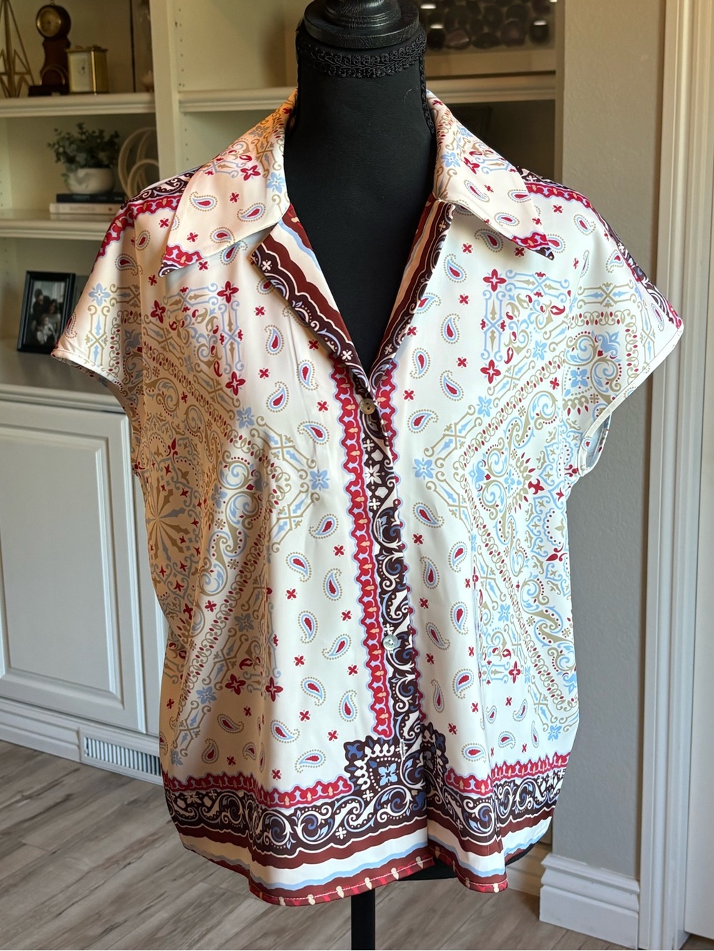 Rachel Zoe Cream Paisley Print Short Sleeve Blouse with Red and Brown Accents